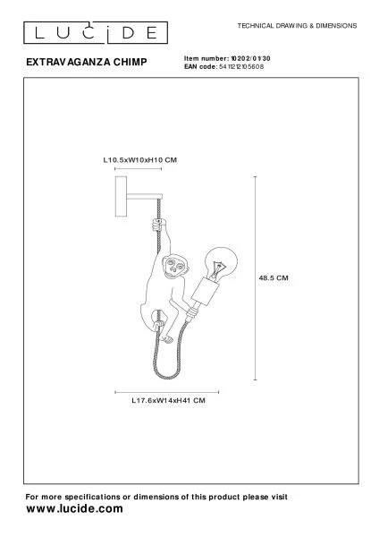 Lucide EXTRAVAGANZA CHIMP - Wandlamp - 1xE27 - Zwart - technisch